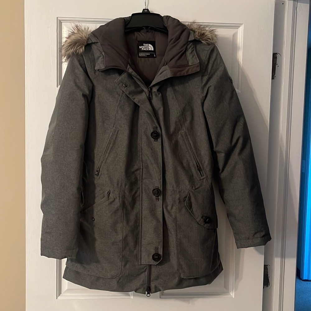 North Face Grey Heather Down Parka Fur Hood Buttons Size L